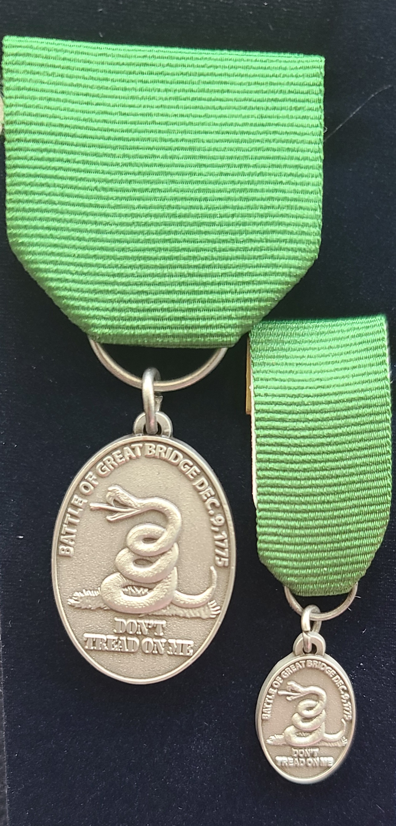 Green-colored ribbon suspending a silver, oval-shaped medallion depicting a spiraled timber rattlesnake facing toward the hoist sitting upon a patch of lush green grass, with thirteen rattles, representing the thirteen colonies, the slogan words 