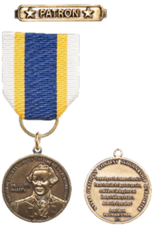 Ribbon with white edges and blue center stripe flanked by narrow gold-yellow stripes, is the circular bronze medal. Medal depicts Dr. Joseph Warren with reverse side denoting NSSAR Orations Contest Scholarship Supporter