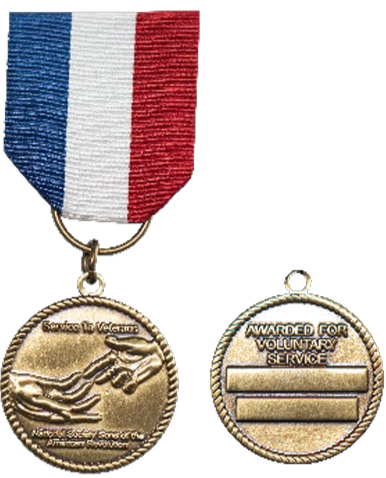 Ribbon in blue, white and red cloth suspending a bronze medallion depicting outstretched hands