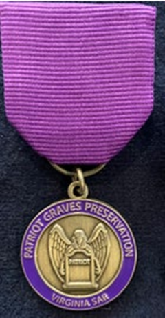 Virginia SAR Patriot Graves Preservation Medal in purple ribbon suspending a bronze medallion with purple outer ring encircling the image of winged angle looking over a Patriot gravestone