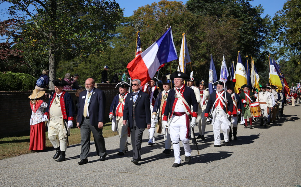 Williamsburg Chapter President Bill Greaf leads SAR compatriots during the 2023 Yorktown Day Parade