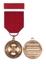 SAR Fire Safety Commendation Medal: The obverse of the medal depicts a fireman's badge with a flame in the center. The medal is accompanied by an enameled bar, suitable for wear on uniform, and a certificate for engrossing. A miniature medal is available.