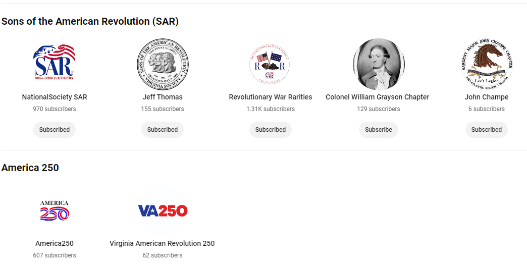 Screen capture of George Washington, Virginia SAR's YouTube account cross-referencing to National SAR and Virginia SAR chapters